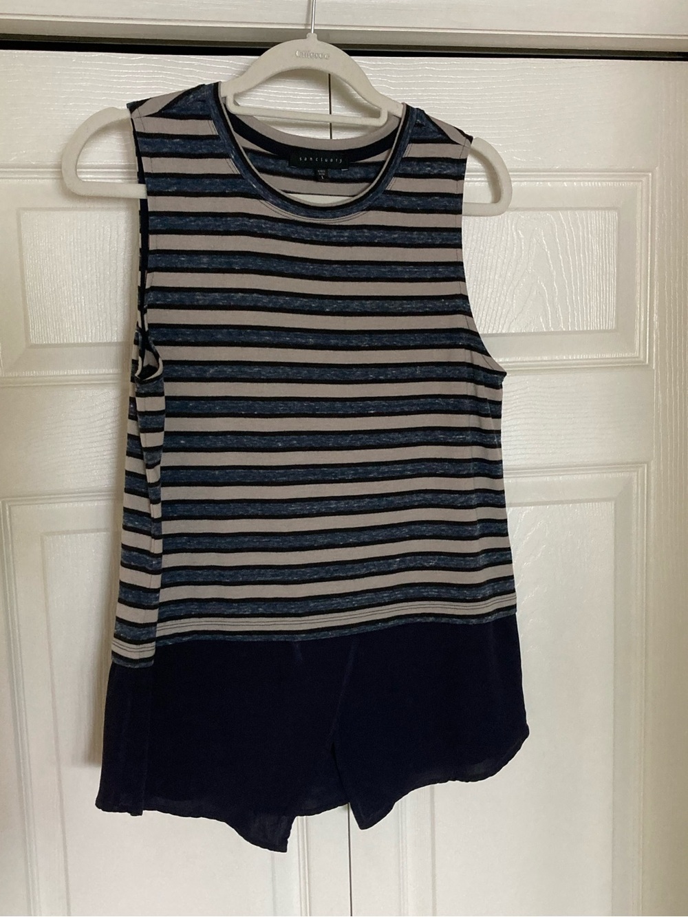 Navy and Gray Striped Tank with Solid Hem